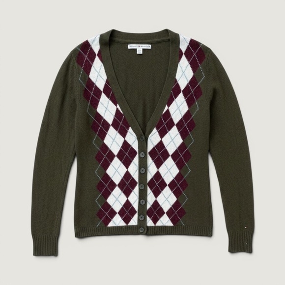 Tommy Hilfiger Sweaters - Tommy Hilfiger Cardigan Womens XL Green Good Argyle Wool Angora Blend V-Neck